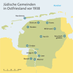 In Ostfriesland gab es insgesamt 11 Gemeinden sowie die Außenstelle der Synagogengemeinde Norden auf Norderney. Bild: Orangeowl aus der deutschsprachigen Wikipedia. Lizenz:  [], von Wikimedia Commons