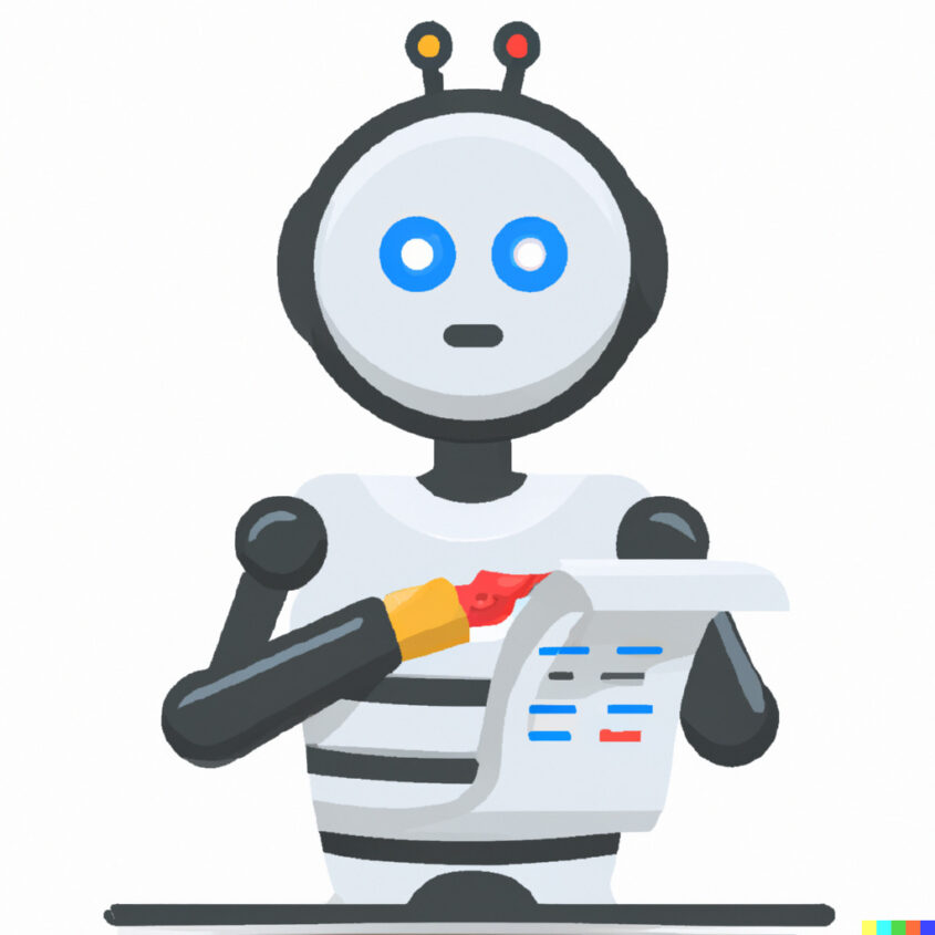 Ein mittels KI (Dall-E) generiertes Bild  zur Illustration des Beitrages "Keine Angst vor ChatGPT". Es zeigt einen Roboter, der einen Text schreibt.