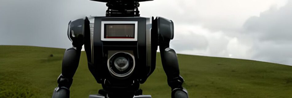 Ein von BlueWillow generiertes Bild. Der Auftrag lautete: a robot, standing in the top of the hill, cloudy sky, green nature, landscape, nature wants to be green and moody