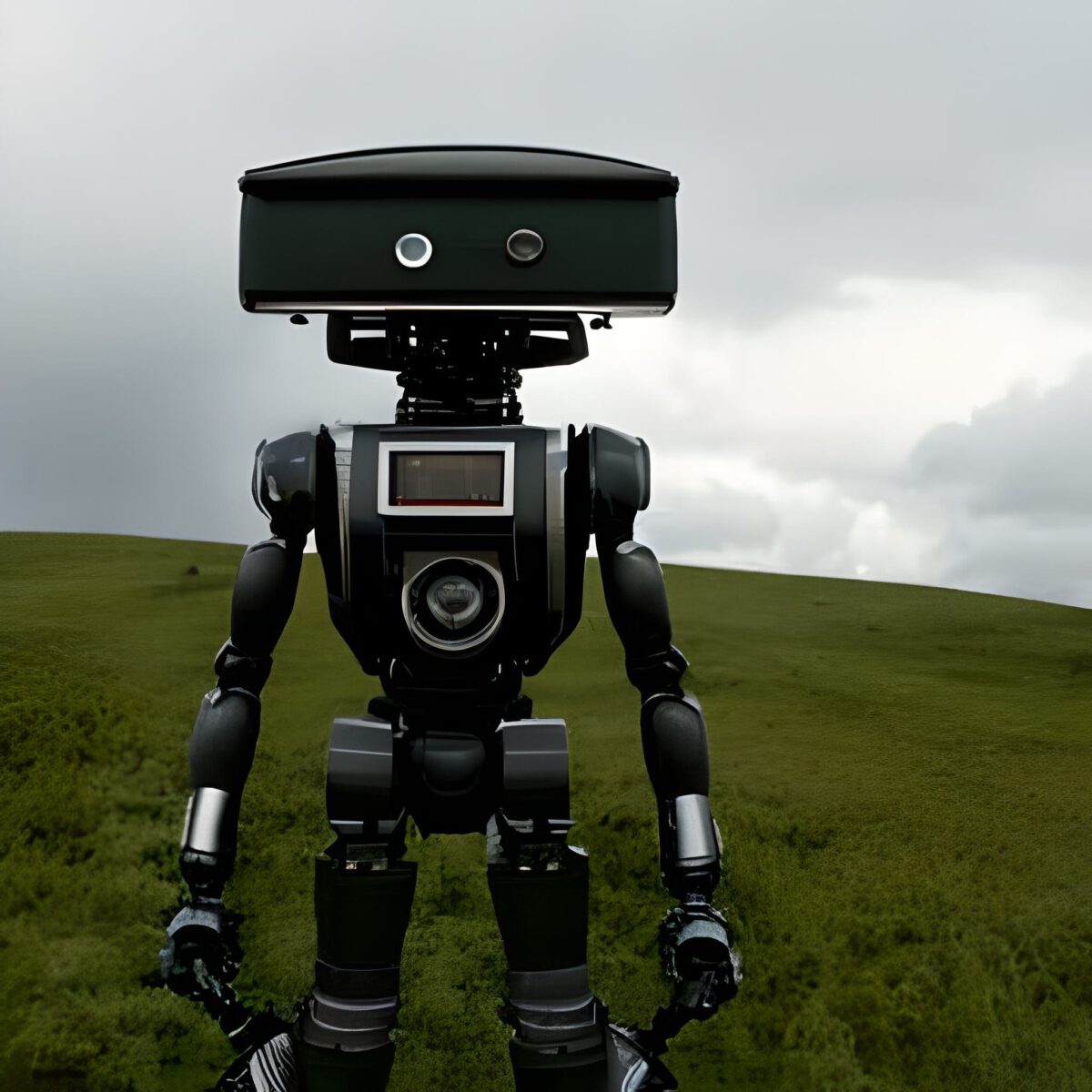 Ein von BlueWillow generiertes Bild. Der Auftrag lautete: a robot, standing in the top of the hill, cloudy sky, green nature, landscape, nature wants to be green and moody