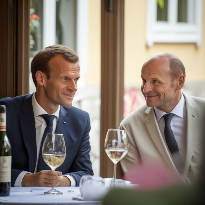 Ein von Lexica per KI generiertes Bild. Die Anweisung lautete: Emmanuel Macron and Olaf Scholz drink a glass of wine in front of a wine bar

Bild: Lexica 