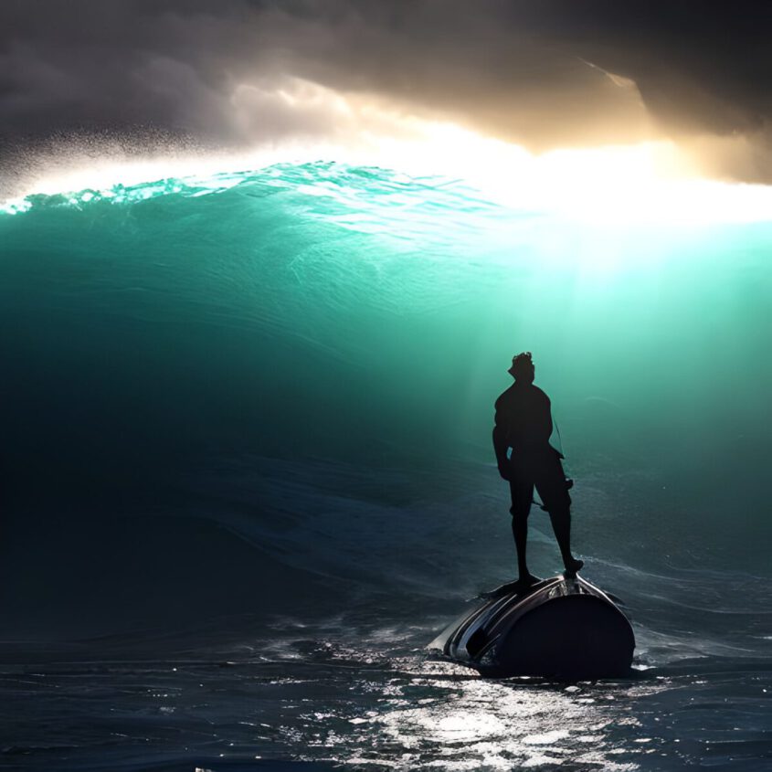 Ein vom Online-KI-Bildgenerator BlueWillow erzeugtes Bild. Es zeigt einen Mann auf einem sinkenden Schiff, der in tosender See einen Lichtblick erspäht