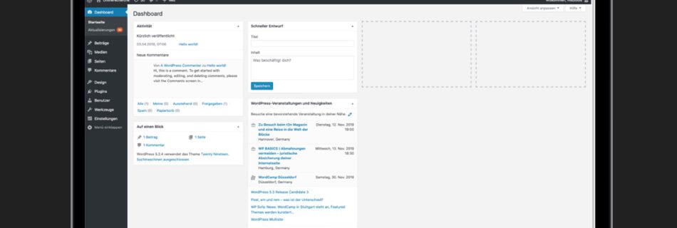 Screenshot des Wordpress-Daschboards als Artikelbild für einen Beitrag, der die Funktionen des Dashboards erklärt.