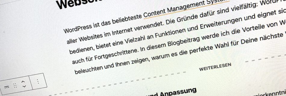 Mein Artikelbild zum Beitrag Webseiten mit Wordpress erstellen. Es zeigt ein Bildschirmfoto des Gutenberg-Editors, mit dem Beiträge und SSeiten in Wordpress angelegt werden.