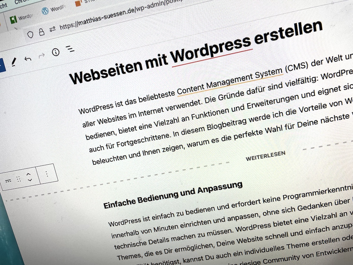 Mein Artikelbild zum Beitrag Webseiten mit Wordpress erstellen. Es zeigt ein Bildschirmfoto des Gutenberg-Editors, mit dem Beiträge und SSeiten in Wordpress angelegt werden.