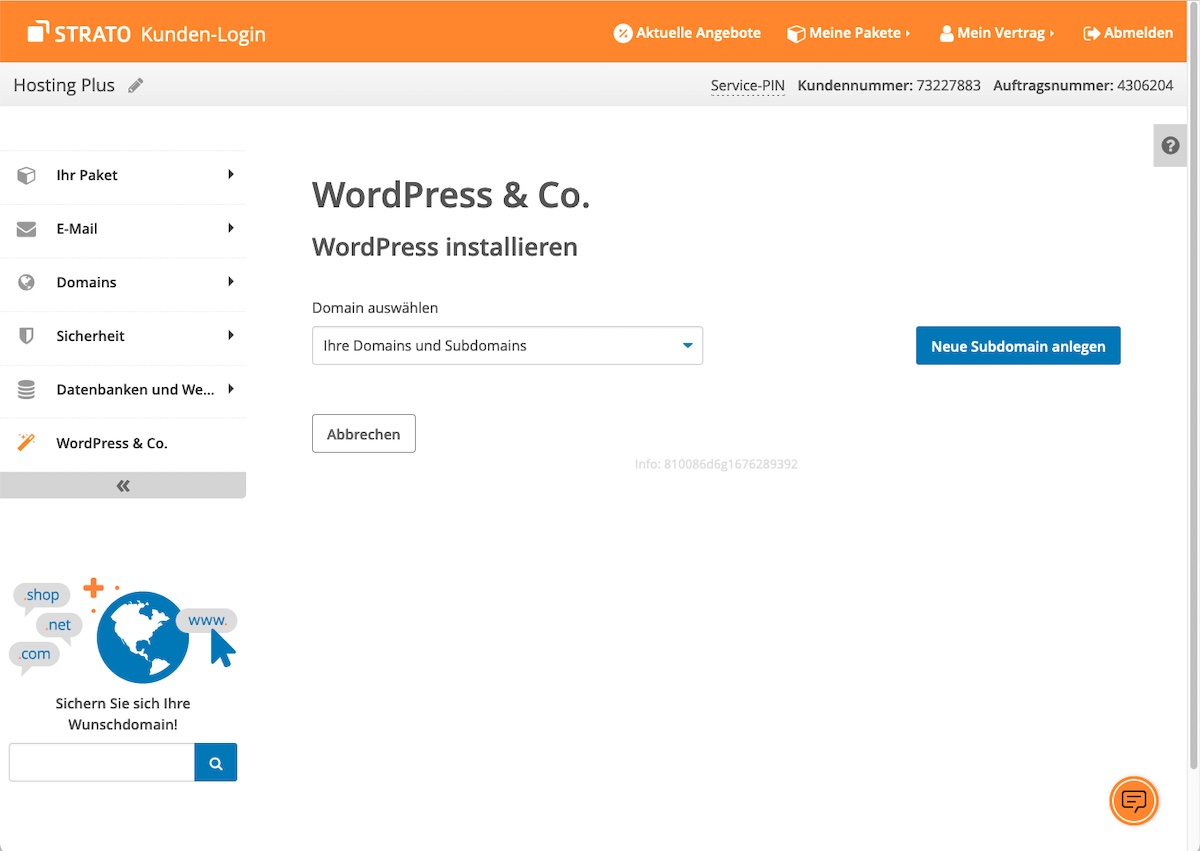 Beitragsbild Wordpress Installation. Es zeigt die Einrichtung von Wordpress bei einem Anbieter.