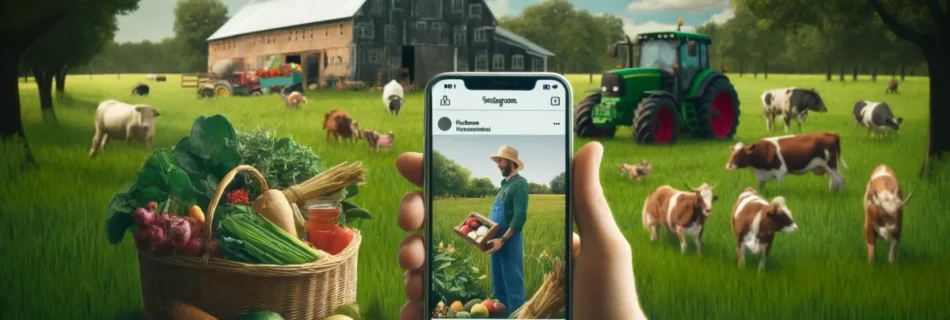 Ein realistisches Bild, das Instagram und Landwirtschaft verbindet. Ein Bauer steht in einem üppigen grünen Feld mit Getreide und einem Scheunenhintergrund und hält ein Smartphone mit geöffnetem Instagram-Feed. Elemente wie landwirtschaftliche Nutztiere, ein Traktor und Körbe mit frischen Produkten sind sichtbar. Das Smartphone-Display zeigt einen Instagram-Post zum Thema Landwirtschaft. Das Bild vermittelt eine natürliche Atmosphäre, die moderne Technologie mit traditioneller Landwirtschaft kombiniert, in hellen und realistischen Farben.