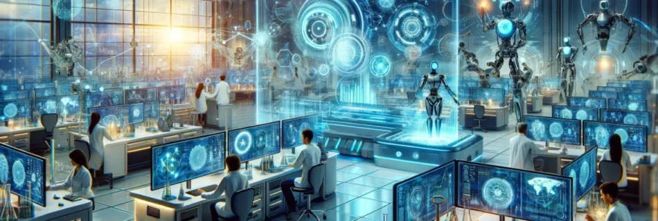Artikelbild zum Beitrag KI inWissenschaft und Forschung. Es ist mit Dall-E generiert und zeigt eine künstlerische Aufnahme eines futuristischen Labors