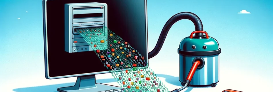 Ein humorvolles Bild zeigt einen modernen Desktop-Computer, aus dem ein typischer Haushaltsstaubsauger Daten absaugt. Die Datenströme werden durch binäre Codes (0en und 1en) oder digitale Symbole dargestellt, die in den Staubsauger gezogen werden. Das Bild ist farbenfroh und modern gestaltet, mit einem einfachen Hintergrund, der den Fokus auf den Computer und den Staubsauger lenkt.
