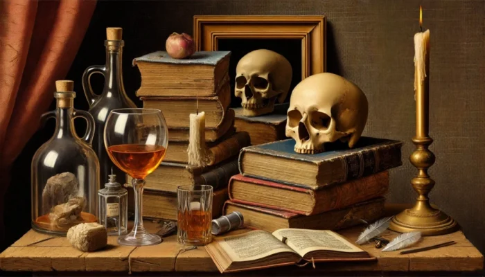 Das von der KI (in diesem Fall Dall-E) aus dem zuvor zitierten Prompt erstelte Bild. Es zeigt ein in Vanitas-Stillleben im Stile flämischer Meister. Auf einem Tisch ist ein Stapel alter Bücher zu sehen auf denen ein Totenschädel ruht. Links stehen einige halb volle Gläser. Der Tisch steht in einem dunklen Raum, der nur ansatzweise zu sehen ist. Auf dem Tisch stehen zwei Kerzen. Eine ist nahezu heruntergebrannt und kurz vor dem Erlöschen, die andere gerade erst entzündet.