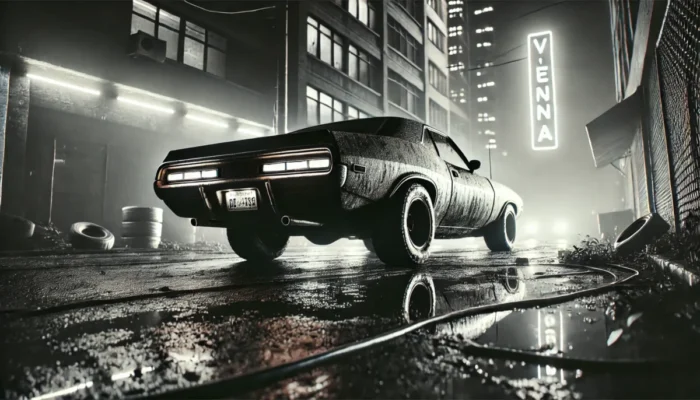 Weiteres Beispiel für ein aus einem Prompt durch eine KI erstelltes Bild. Es zeigt ein amerikanisches Muscle-Car in Wien, schmutzig, spärliche Beleuchtung, schwarz-weiß, cineastisch, sehr detailliert, hyperrealistisch, Cyberpunk, Querformat