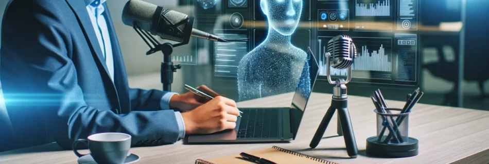 in Journalist sitzt an einem Schreibtisch mit einem Laptop, während er ein Interview aufnimmt. Im Hintergrund ist eine futuristische KI-Darstellung zu sehen, die Daten analysiert. Der Arbeitsplatz ist modern und gut beleuchtet, mit Notizbüchern und einem Mikrofon auf dem Tisch.