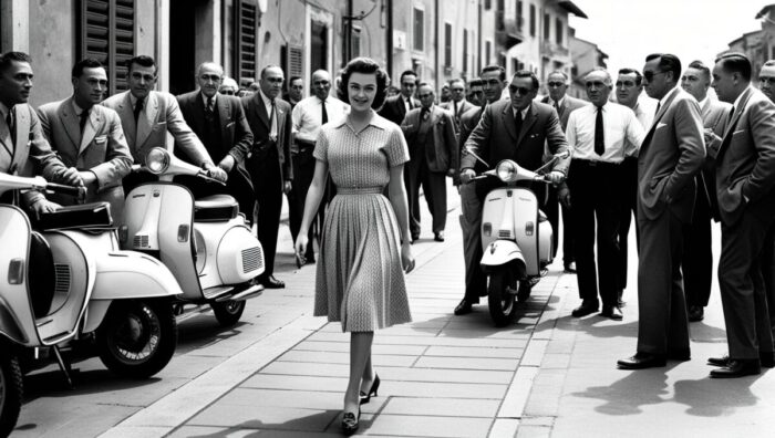 Ein von Leonardo generiertes Schwarz-Weiß-Foto einer jungen Dame, die durch eine italienische Stadt der 1950er läuft.