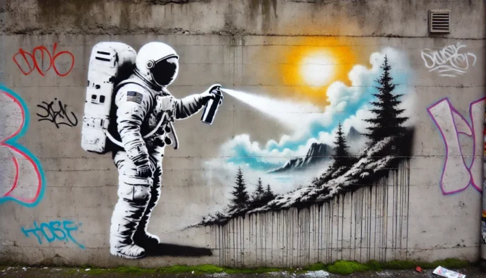 In einer harten urbanen Umgebung steht ein Astronaut in einem weißen Raumanzug vor einer grauen Betonwand und hält eine Sprühdose. Der Astronaut, in fokussierter Haltung, sprüht eine lebendige Landschaft auf den tristen, städtischen Hintergrund. Die Landschaft zeigt üppige Bäume, majestätische Berge und einen klaren, hellen Himmel, was einen starken Kontrast zwischen der harten Betonwand und der lebhaften, natürlichen Szenerie schafft. Dieser Gegensatz betont die Schönheit der Natur inmitten der Trostlosigkeit der Stadt und vermittelt ein Gefühl von Hoffnung und Transformation durch Kunst.