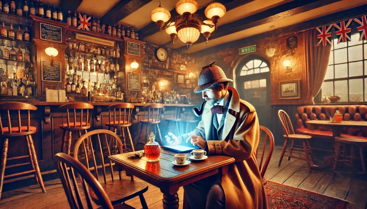 Ein englischer Detektiv aus dem 19. Jahrhundert sitzt in einem gemütlichen britischen Pub. Er trägt einen klassischen Trenchcoat und eine Deerstalker-Mütze und nutzt ein modernes, leuchtendes Tablet oder Laptop zur Recherche in sozialen Netzwerken. Auf dem Tisch liegen eine Lupe, ein Notizbuch und eine Pfeife. Das Pub ist warm beleuchtet, mit Holzmöbeln und antikem Dekor, und verbindet den Charme der viktorianischen Ära mit moderner Technologie. Erstellt mit der KI Dall-E