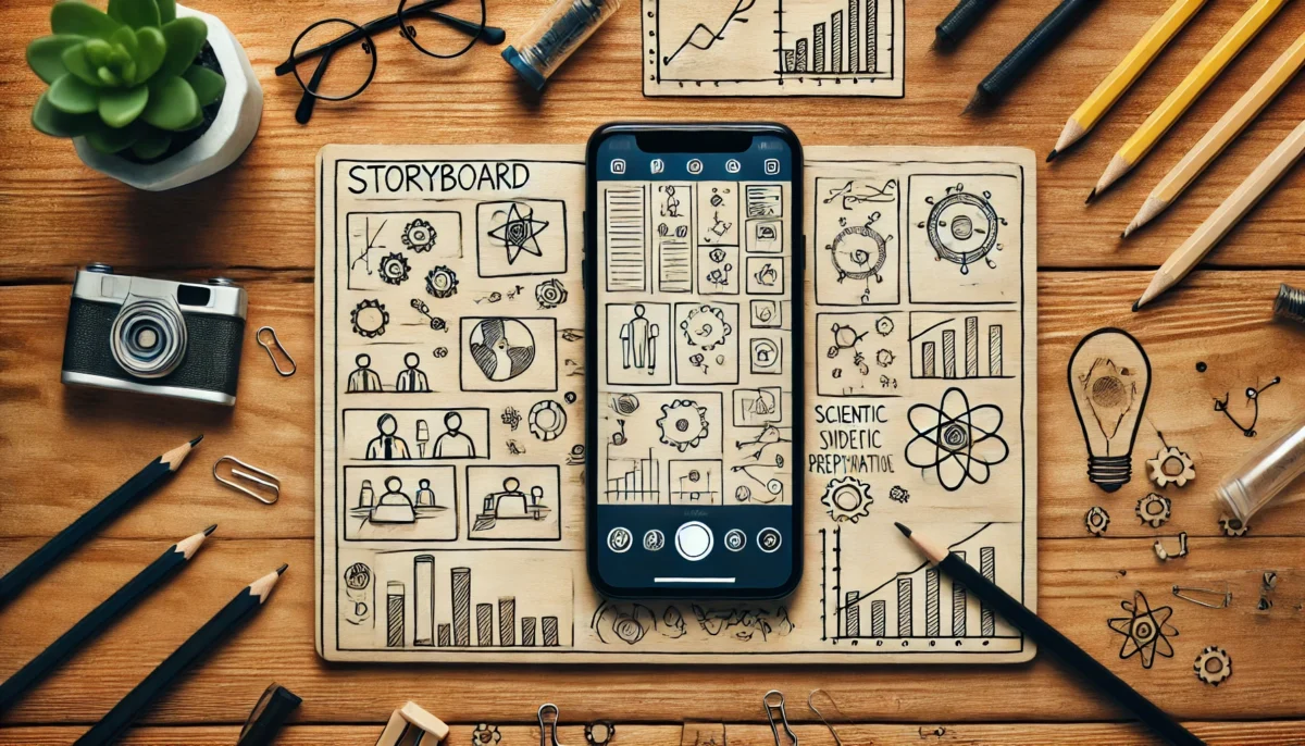 Ein gezeichnetes Storyboard liegt neben einem Smartphone mit geöffneter Kamera-App auf einem Holztisch. Umgeben von Skizzen und Diagrammen, ohne jeglichen Text, vermittelt das Bild Kreativität und die Vorbereitung auf Videostorytelling in einem wissenschaftlichen Kontext.