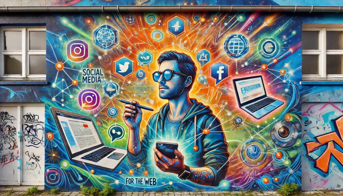 Streetart-Graffiti eines kreativen Professionals mit Smartphone und Stift, umgeben von schwebenden Symbolen wie Social-Media-Icons, Laptops und Notizblöcken. Glühende Wörter wie 'Engagieren', 'Inspirieren' und 'Optimieren' schweben in lebhaften Farben wie Blau, Orange und Grün und repräsentieren die Energie und Kreativität des Web-Schreibens