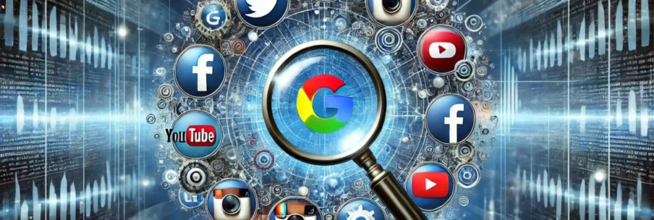 Eine digitale Konzeptgrafik zur Recherche in sozialen Netzwerken mit Google-Suchoperatoren. Die Illustration zeigt abstrahierte Symbole von Plattformen wie Twitter, Facebook, Instagram, LinkedIn und YouTube, die mit einer digitalen Suchschnittstelle verbunden sind. Eine Lupe hebt gezielt Suchergebnisse hervor, um Präzision und Effizienz der Online-Recherche zu symbolisieren. Der Hintergrund hat eine futuristische, technologieorientierte Ästhetik mit einem blauen Farbschema.