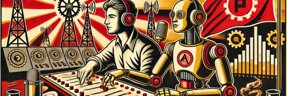 Illustration im Stil sozialistischer Propagandaplakate: Ein Mensch mit Kopfhörern spricht in ein Mikrofon, während ein humanoider Roboter an einem futuristischen Mischpult arbeitet. Im Hintergrund strahlen rote und gelbe Sonnenstrahlen aus, umgeben von Zahnrädern, Funktürmen und digitalen Datenströmen als Symbole für Fortschritt und Technologie.
